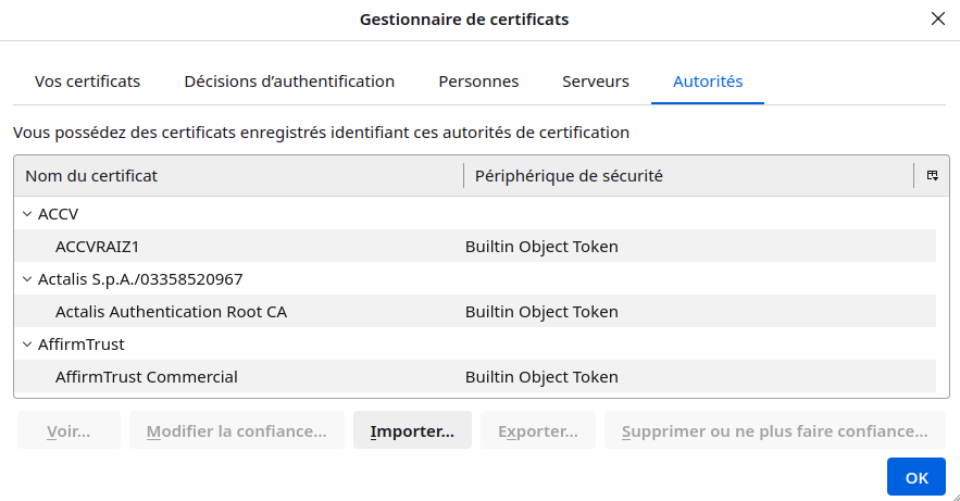 Figure 7 - Extrait des certificats d'autorité présents dans un navigateur web